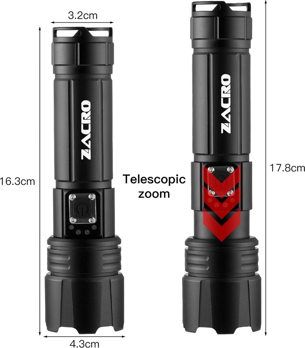 Lampe De Poche LED Rechargeable Zacro - 90 000 Lumens élevés - 5 Modes - Lampe De Poche Militaire PRO - Zoomable - Pour Les Urgences, Le Camping, Les Sports De Plein Air 5 Lampe De Poche LED Rechargeable Zacro - 90 000 Lumens élevés - 5 Modes - Lampe De Poche Militaire PRO - Zoomable - Pour Les Urgences, Le Camping, Les Sports De Plein Air – Image 3