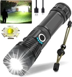 Lampe De Poche LED Militaire Zacro - 90000 Lumens - Rechargeable - Lampe De Poche Zoomable Avec Batterie - 5 Modes - Étanche IPX65 - Pour La Maison, Le Camping, Les Urgences