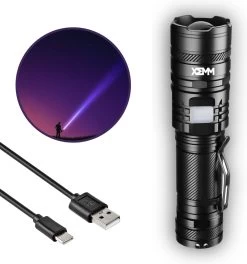 Lampe De Poche LED Militaire XEMM® PRO - Lampe De Poche Tactique - Lampe De Poche Plein Air - Batterie Rechargeable 3700mAh - Portée 500m - Fonction Power Bank - Rechargeable USB-C