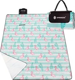 Couverture De Pique-nique Springos | Nappe De Pique-nique | Vêtement Extérieur | Pique-nique | 200x200cm | Menthe Rayée Avec Flamants Roses