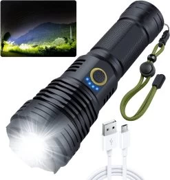 Lampe De Poche LED Rechargeable - Lampe De Poche Militaire - 3000 Lumen - Avec Câble De Batterie Rechargeable - Rechargeable Par USB - étanche - Pour Le Camping, La Pêche, Les Urgences