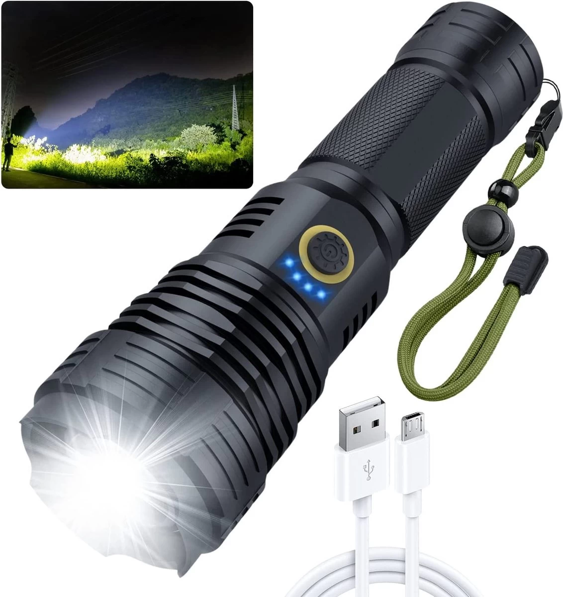 Lampe De Poche LED Rechargeable - Lampe De Poche Militaire - 3000 Lumen - Avec Câble De Batterie Rechargeable - Rechargeable Par USB - étanche - Pour Le Camping, La Pêche, Les Urgences 3 Lampe De Poche LED Rechargeable - Lampe De Poche Militaire - 3000 Lumen - Avec Câble De Batterie Rechargeable - Rechargeable Par USB - étanche - Pour Le Camping, La Pêche, Les Urgences
