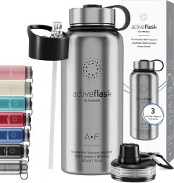 Gourde Bouteille Thermos Active Flask De Bemaxx Fitness, Isolée Sous Vide, Acier Inoxydable + 3 Fermetures, Sans Bpa, 1 L & 0,5 Litre, Bouteille D'eau Pour Le Bureau, Le Sport, L'école, Les Enfants, Le Vélo, L'extérieur, 950 Ml