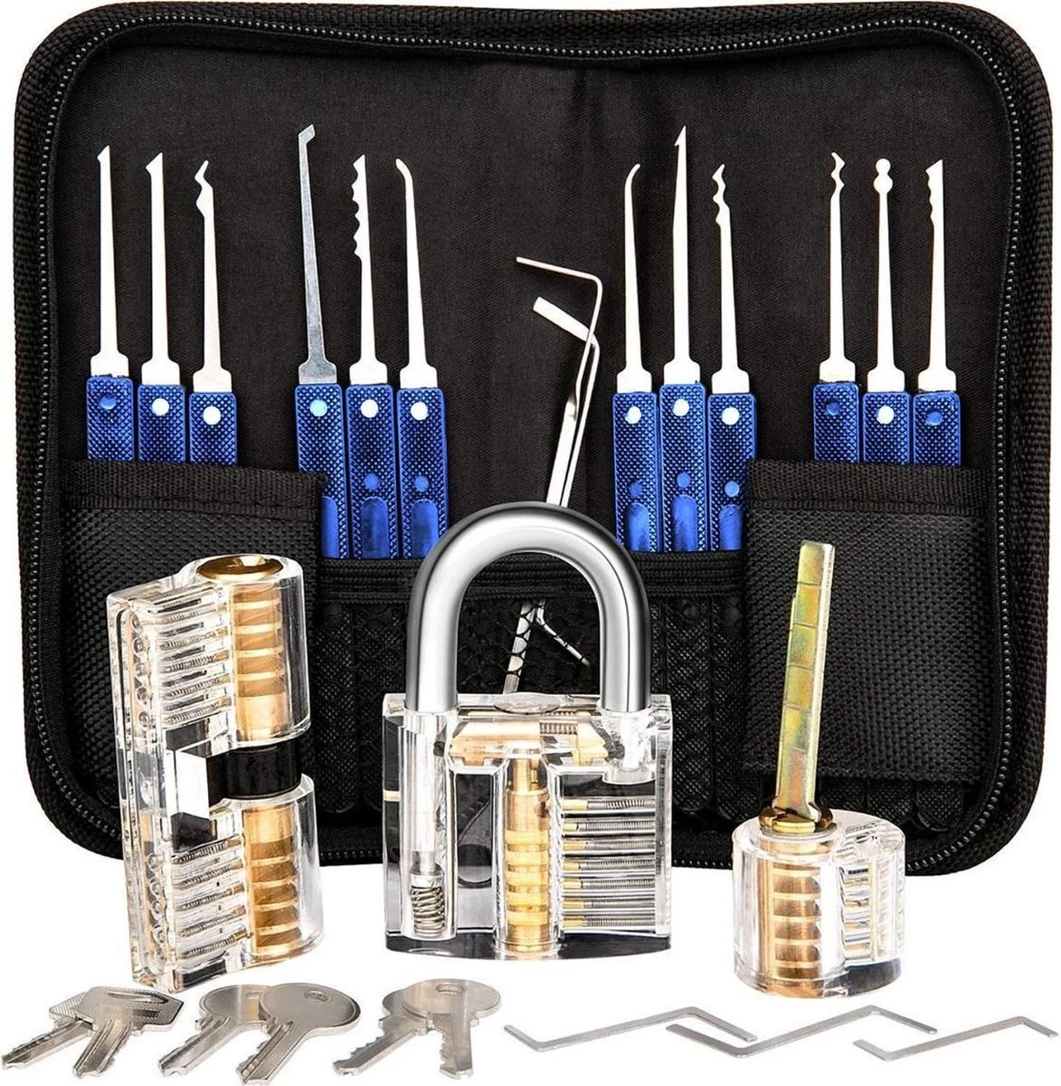 Ensemble De Crochetage - Ensemble Complet - Y Compris 3 Serrures Transparentes Et étui De Rangement - 30 Pièces - Blauw 3 Ensemble De Crochetage - Ensemble Complet - Y Compris 3 Serrures Transparentes Et étui De Rangement - 30 Pièces - Blauw