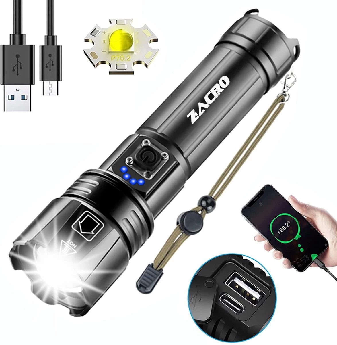 Lampe De Poche LED Rechargeable Zacro - 90 000 Lumens élevés - 5 Modes - Lampe De Poche Militaire PRO - Zoomable - Pour Les Urgences, Le Camping, Les Sports De Plein Air 3 Lampe De Poche LED Rechargeable Zacro - 90 000 Lumens élevés - 5 Modes - Lampe De Poche Militaire PRO - Zoomable - Pour Les Urgences, Le Camping, Les Sports De Plein Air