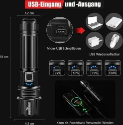 Lampe De Poche Tactique Ultra Puissante - 10000 Lumens - Rechargeable Par USB - 5 Modes D'éclairage - Pour Panne D'énergie/catastrophe Camping, Randonnée, Urgence (batterie 26650) [Classe énergétique A+++] - Étanche IP-67 - Plein Air Avec étui -Magasin D'Équipement De Plein Air 1177x1200