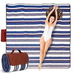 Tapis De Pique-nique De Plage Anti-sable - 150x200 Cm - Imperméable - Rayé Blauw Wit Marron - Couverture De Pique-nique