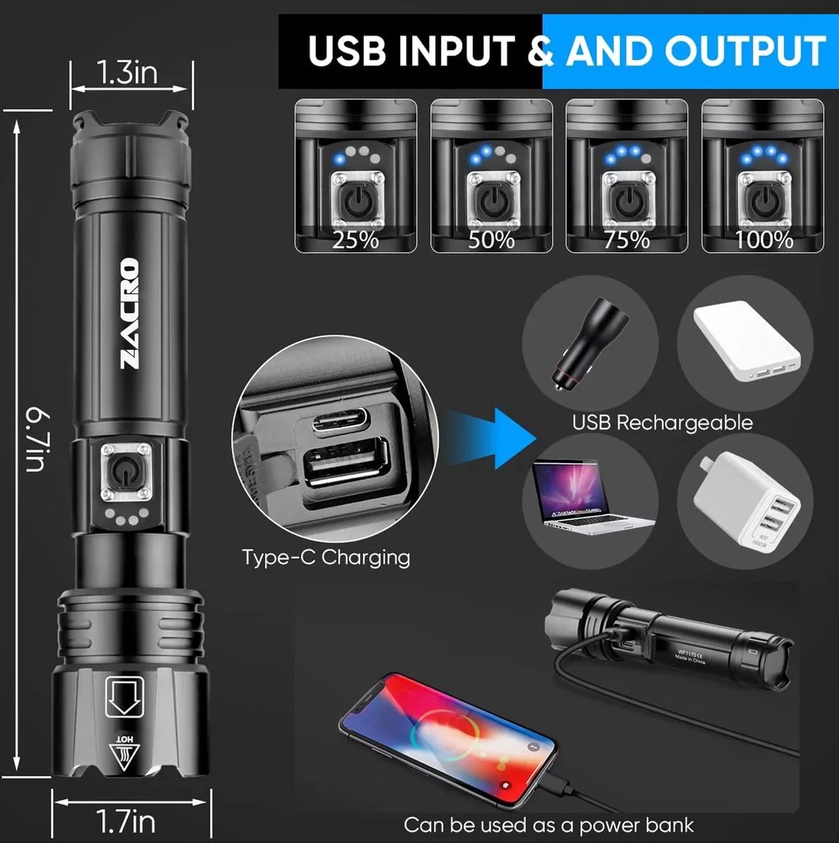 Lampe De Poche LED Rechargeable Zacro - 90 000 Lumens élevés - 5 Modes - Lampe De Poche Militaire PRO - Zoomable - Pour Les Urgences, Le Camping, Les Sports De Plein Air 10 Lampe De Poche LED Rechargeable Zacro - 90 000 Lumens élevés - 5 Modes - Lampe De Poche Militaire PRO - Zoomable - Pour Les Urgences, Le Camping, Les Sports De Plein Air – Image 8