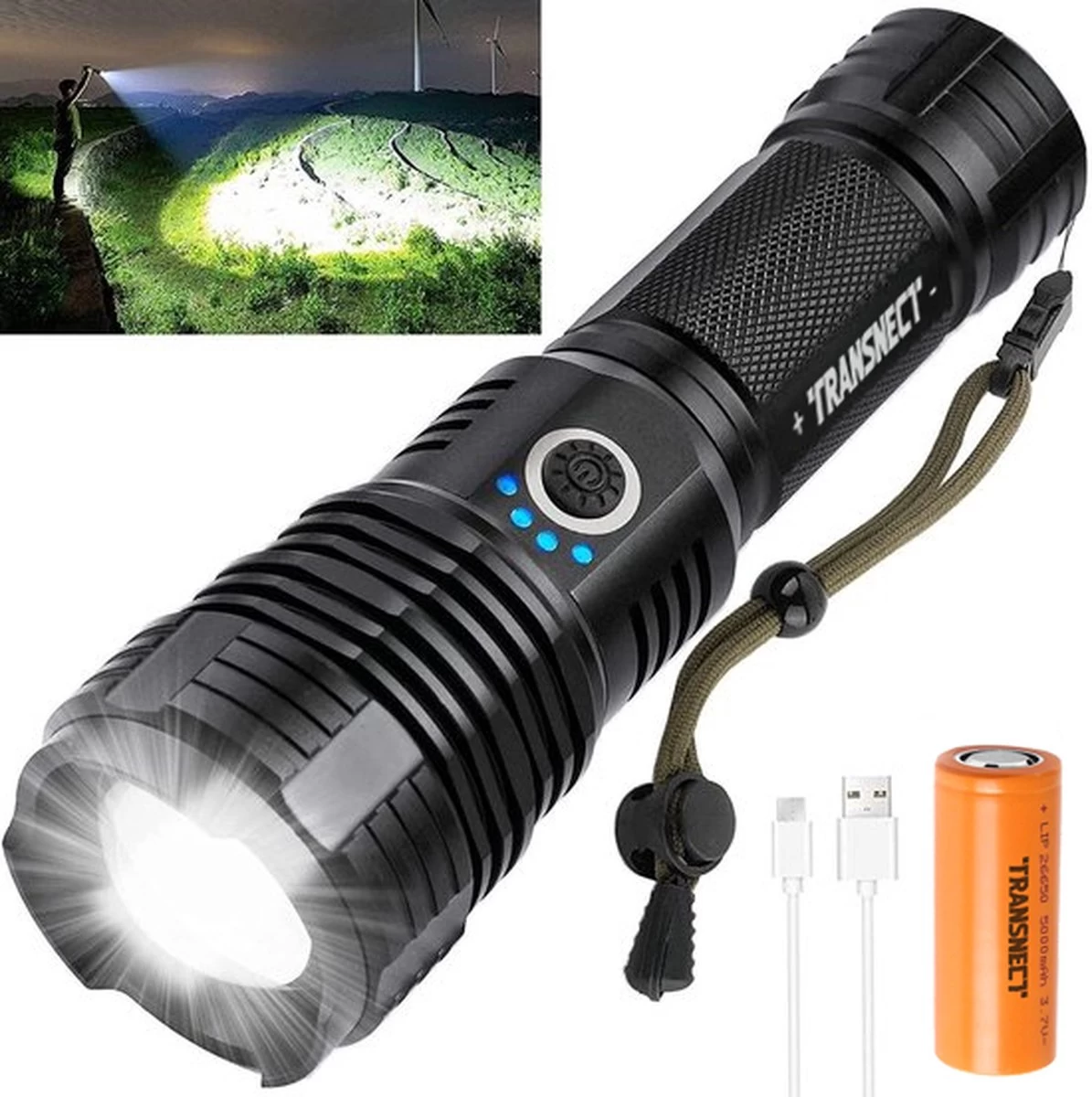 Lampe De Poche TRANSNECT LED Rechargeable - 2800 Lumens - Avec 26650 Et Câble De Batterie - Rechargeable Par USB - étanche - Pour Le Camping, La Pêche, Les Urgences 3 Lampe De Poche TRANSNECT LED Rechargeable - 2800 Lumens - Avec 26650 Et Câble De Batterie - Rechargeable Par USB - étanche - Pour Le Camping, La Pêche, Les Urgences