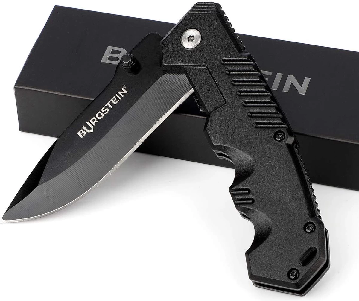 Couteau De Poche Burgstein® Plein Air "Black Combat" - Lame Extra Tranchante En Acier Inoxydable Multi-trempé Titane, Couteau à Une Main, Couteau Pliant. 3 Couteau De Poche Burgstein® Plein Air "Black Combat" - Lame Extra Tranchante En Acier Inoxydable Multi-trempé Titane, Couteau à Une Main, Couteau Pliant.