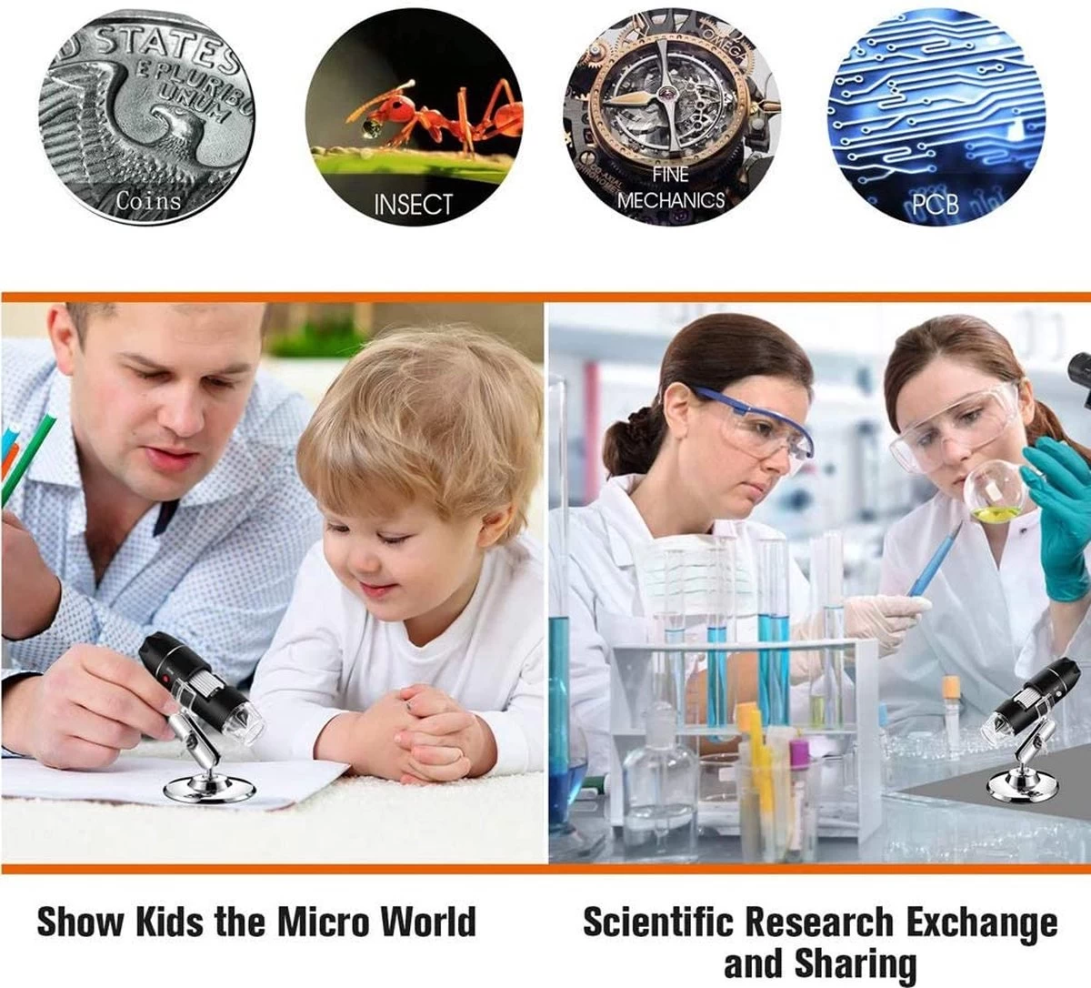 Microscope Numérique USB, 50X à 1600X 8 LED Caméra Endoscope à Grossissement Portable De Poche Avec Support Pour Enfants étudiants V.02 4 Microscope Numérique USB, 50X à 1600X 8 LED Caméra Endoscope à Grossissement Portable De Poche Avec Support Pour Enfants étudiants V.02 – Image 2