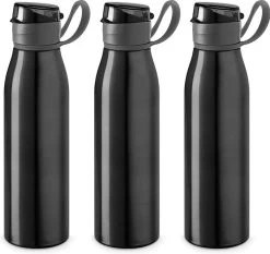 Bouteille D'eau / Gourde En Aluminium 3x Pièces Noir Avec Bouchon à Valve Et Poignée 650 Ml - Bouteille De Sport - Bouteille D'eau