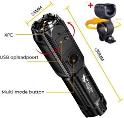 Lampe De Poche Militaire - Lampe De Poche LED - Zoomable - Rechargeable Par USB - Résistant Aux éclaboussures - Support De Vélo Inclus - 13x3cm -Magasin D'Équipement De Plein Air 1200x1137 6