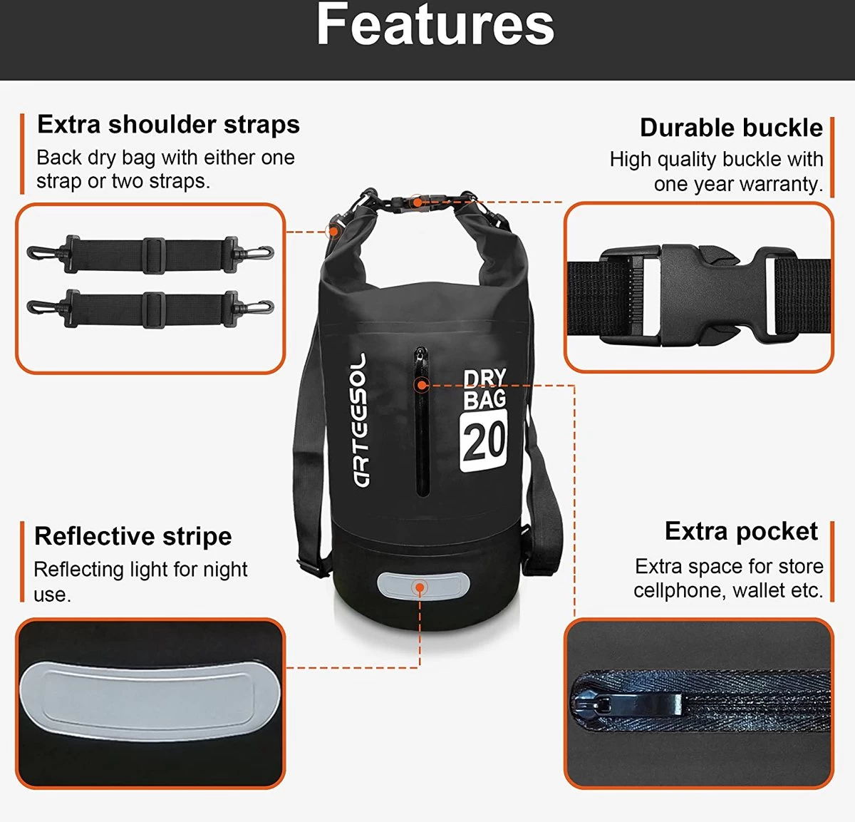 Sac étanche - 5L 10L 20L 30L Sac étanche étanche Avec Longue Poignée Réglable Pour Kayak, Bateau, Canoë, Pêche, Pêche, Nager Noir, 20L 4 Sac étanche - 5L 10L 20L 30L Sac étanche étanche Avec Longue Poignée Réglable Pour Kayak, Bateau, Canoë, Pêche, Pêche, Nager Noir, 20L – Image 2