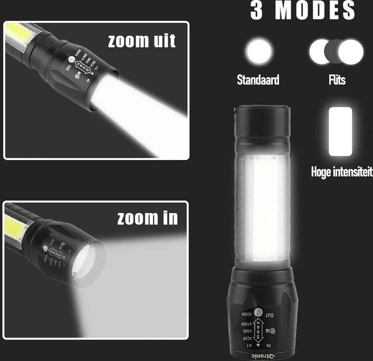 Lampe De Poche Qtronic LED Rechargeable Avec Fonction Zoom - Lampe De Poche Militaire - Étanche - Rechargeable Par USB (chargeur Et Batterie Inclus). 8 Lampe De Poche Qtronic LED Rechargeable Avec Fonction Zoom - Lampe De Poche Militaire - Étanche - Rechargeable Par USB (chargeur Et Batterie Inclus). – Image 6