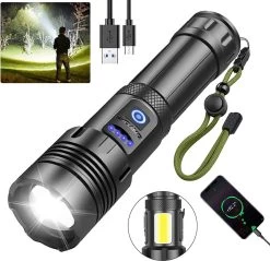Lampe De Poche Zacro - Led Rechargeable - Lampe De Poche Militaire - 100 000 Lumens - Avec 7 Modes - Lumière Latérale COB - Étanche - Pour Urgence, Camping, Maison