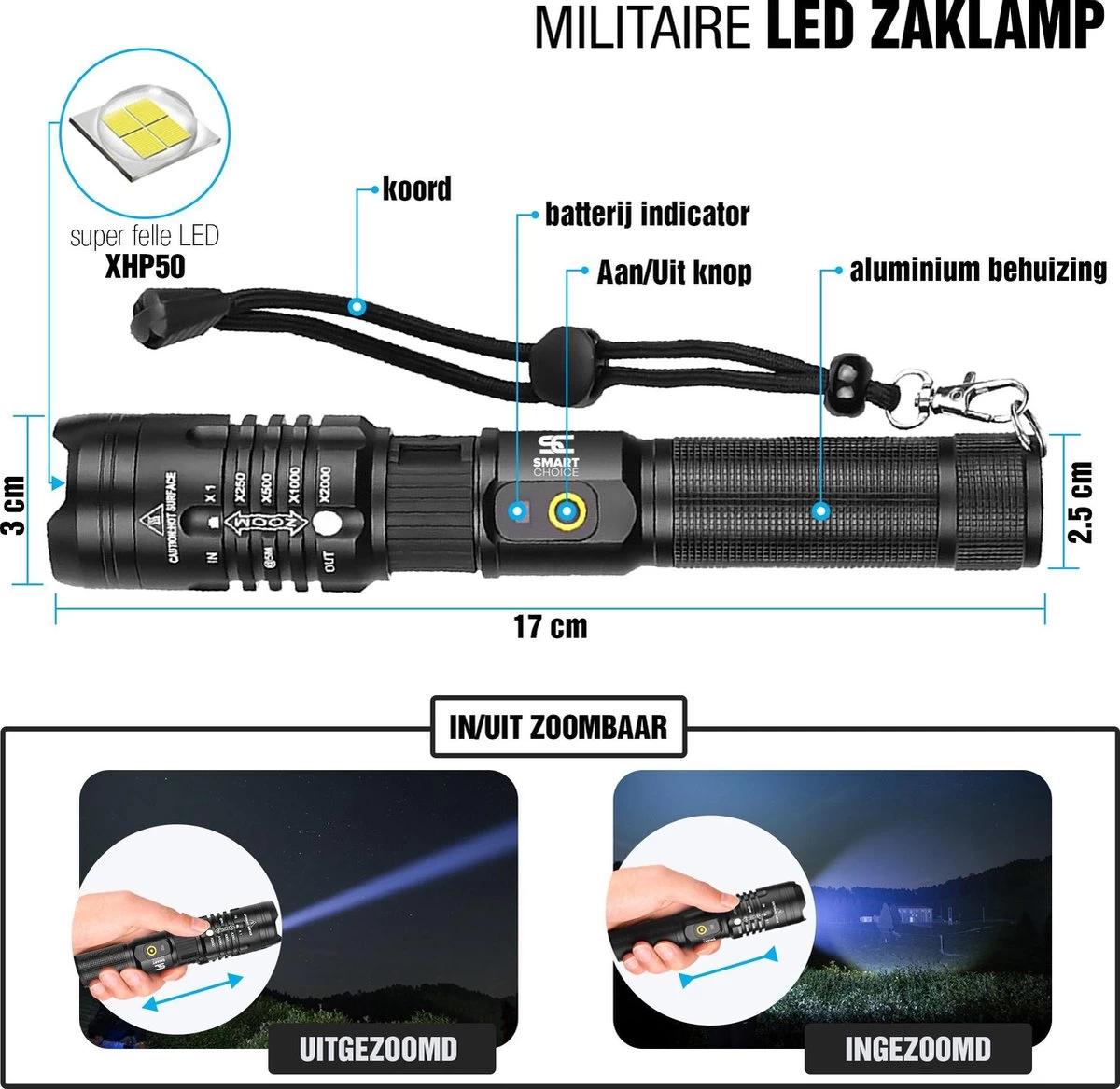 Lampe De Poche LED Militaire Améliorée | Rechargeable | Étanche | Batterie Externe | 1200 Lumens | Noir | Incl. Boîte De Rangement Batterie Et Divers Chargeurs | 4 Lampe De Poche LED Militaire Améliorée | Rechargeable | Étanche | Batterie Externe | 1200 Lumens | Noir | Incl. Boîte De Rangement Batterie Et Divers Chargeurs | – Image 2
