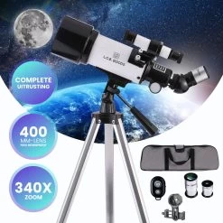 Télescope Monoculaire De Luxe - Stargazer - Astronomie - Débutants Et Avancés - Grossissement 340x - Avec Trépied - Étui De Transport - Support De Téléphone - Filtre Lunaire - Viseur - Télécommande - Étanche