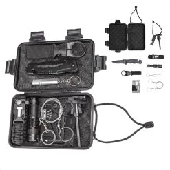 Ensemble De Survie Cheqo® 9 Pièces - Kit De Survie - Kit D'urgence - Bracelet Multifonctionnel - Couteau De Poche - Carte - Lampe De Poche - Résistant à L'eau - Résistant Aux Chocs - 17x10x5cm - 515 Grammes
