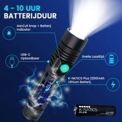 Lampe De Poche LED Militaire K-NATICS - Rechargeable Par USB - 1000 Lumen - Batterie 2200mAh - Fonction Zoom - Poussière Et étanche IP-65 - Kit De Voyage De Luxe Inclus -Magasin D'Équipement De Plein Air 1200x1200 762