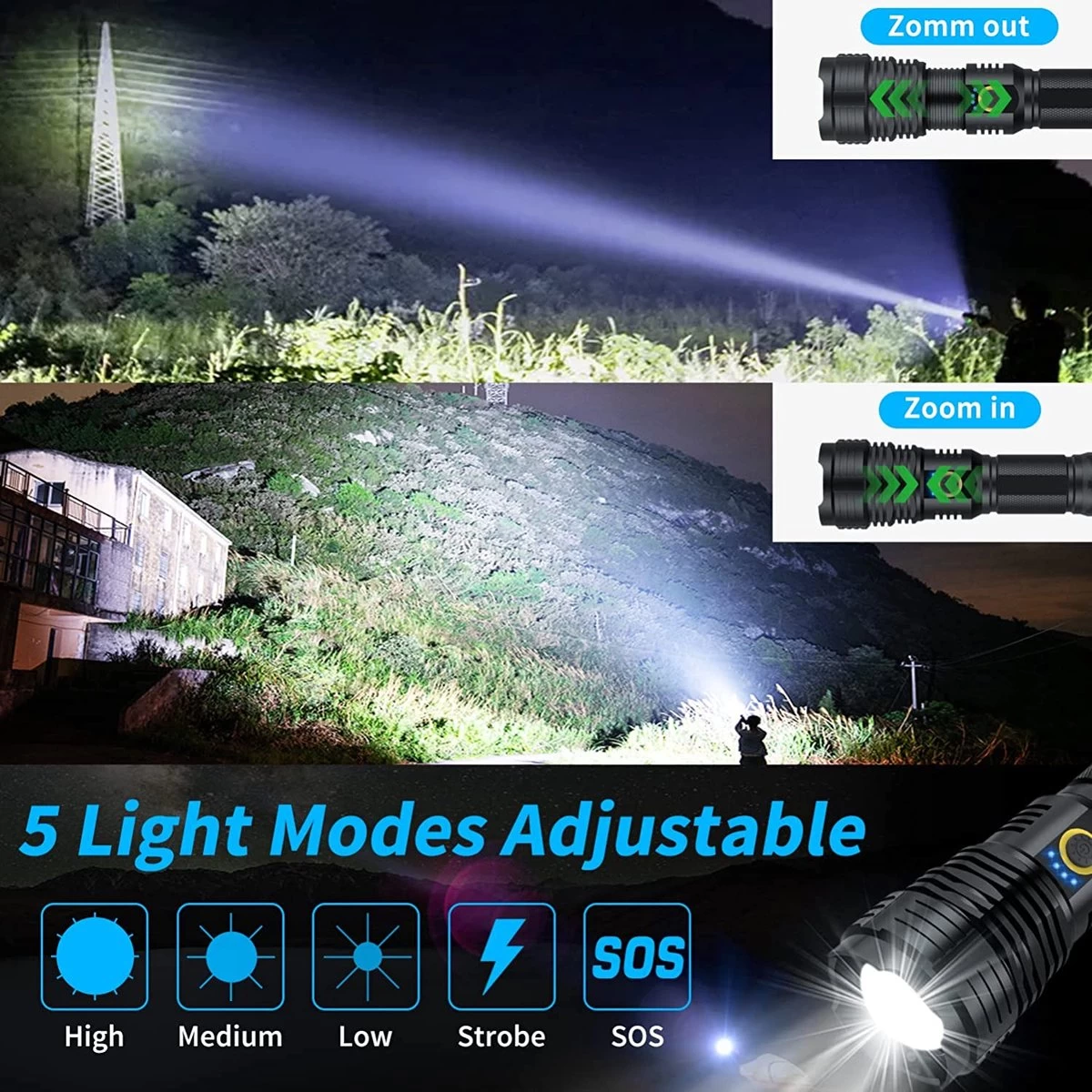 Lampe De Poche LED Rechargeable - Lampe De Poche Militaire - 3000 Lumen - Avec Câble De Batterie Rechargeable - Rechargeable Par USB - étanche - Pour Le Camping, La Pêche, Les Urgences 5 Lampe De Poche LED Rechargeable - Lampe De Poche Militaire - 3000 Lumen - Avec Câble De Batterie Rechargeable - Rechargeable Par USB - étanche - Pour Le Camping, La Pêche, Les Urgences – Image 3