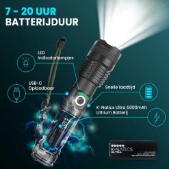 Lampe De Poche LED Militaire K-NATICS - Rechargeable Par USB - 3000 Lumen - Batterie 5000mAh - Fonction Zoom - Poussière Et étanche IP-65 - Kit De Voyage De Luxe Inclus -Magasin D'Équipement De Plein Air 1200x1200 846