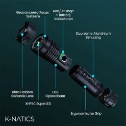 Lampe De Poche LED Militaire K-NATICS - Rechargeable Par USB - 3000 Lumen - Batterie 5000mAh - Fonction Zoom - Poussière Et étanche IP-65 - Kit De Voyage De Luxe Inclus -Magasin D'Équipement De Plein Air 1200x1200 849