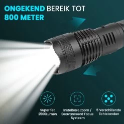 Lampe De Poche LED Militaire K-NATICS - Rechargeable Par USB - 3000 Lumen - Batterie 5000mAh - Fonction Zoom - Poussière Et étanche IP-65 - Kit De Voyage De Luxe Inclus -Magasin D'Équipement De Plein Air 1200x1200 851