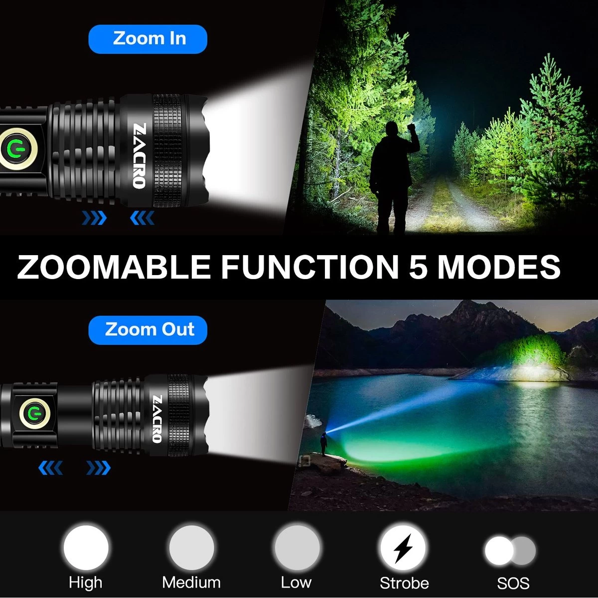 Lampe De Poche LED Zacro - Rechargeable - 9000 Lumens - 5 Modes - Lampe De Poche Zoomable Militaire - Étanche - Pour Urgence, Camping, Maison 6 Lampe De Poche LED Zacro - Rechargeable - 9000 Lumens - 5 Modes - Lampe De Poche Zoomable Militaire - Étanche - Pour Urgence, Camping, Maison – Image 4