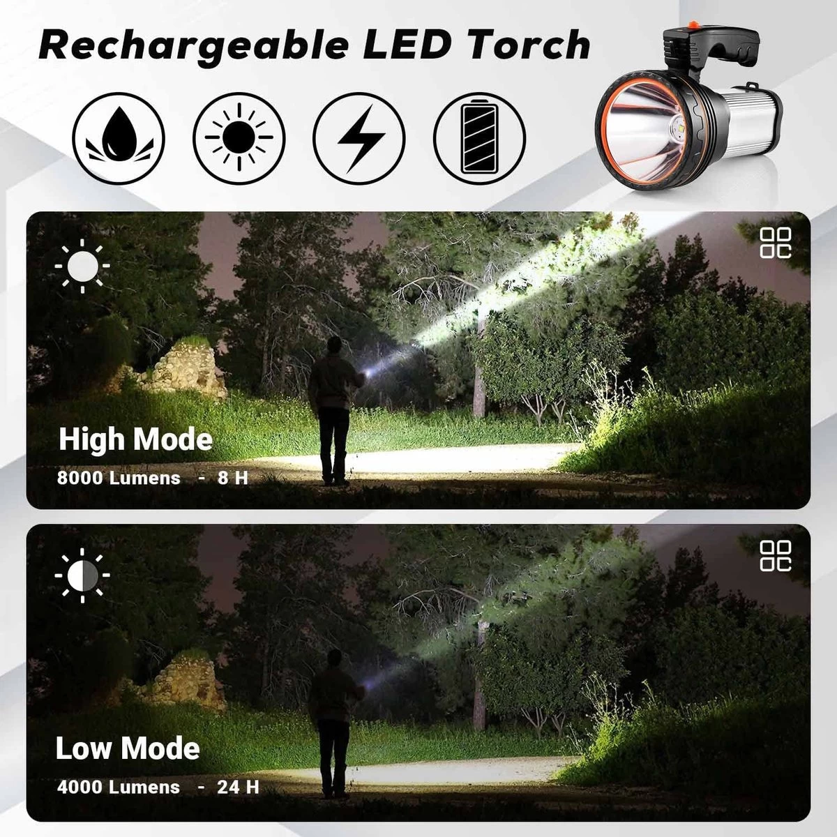 ALFLASH Lampe De Poche Rechargeable Lanterne Haute Puissance 8000 Lumens 6000 MAh LED Super Lumineux Imperméable Extérieur Projecteur De Poche Lampe De Poche Projecteur Portable (Argent) 10 ALFLASH Lampe De Poche Rechargeable Lanterne Haute Puissance 8000 Lumens 6000 MAh LED Super Lumineux Imperméable Extérieur Projecteur De Poche Lampe De Poche Projecteur Portable (Argent) – Image 8