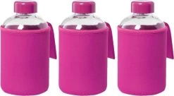 3x Bouteille D'eau/bidon En Verre Avec Housse De Protection Softshell Rose Fuchsia 600 Ml - Gourde De Sport - Gourde De Sport