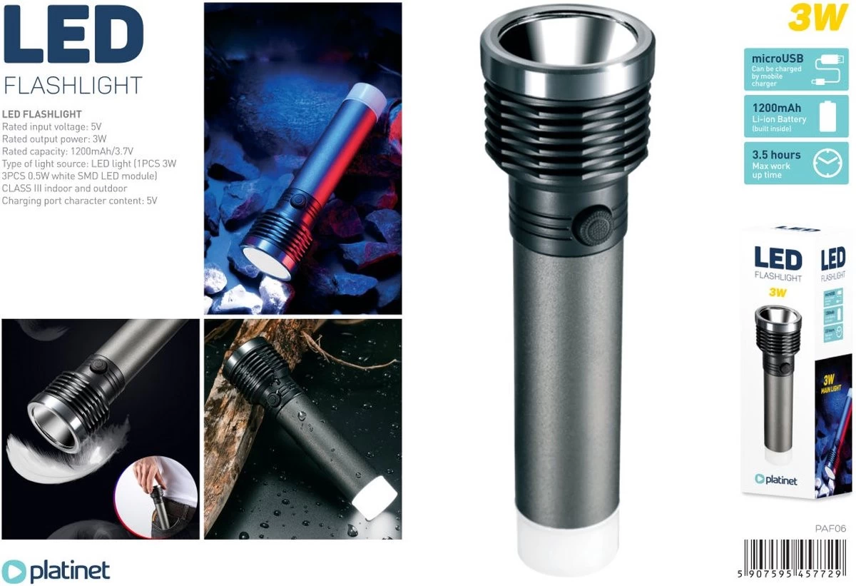 Platinet PAF06 - Lampe De Poche LED Légère En Aluminium - 3W - Résistant à L'eau - Deux Lampes - Batterie 3,5 Heures - Grijs 3 Platinet PAF06 - Lampe De Poche LED Légère En Aluminium - 3W - Résistant à L'eau - Deux Lampes - Batterie 3,5 Heures - Grijs