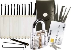 Set De Crochetage Professionnel 20 Pièces Avec Cadenas Transparent | Lockpick Set Avec Cadenas D'entraînement De La Taille D'une Carte De Crédit Et Instructions Pour Débutants Et Professionnels | Gadgets Pour Hommes Par LockCowboy
