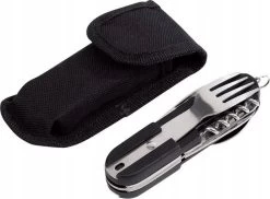 Couverts De Survie - 5 Pièces - Zwart - Avec Housse De Protection - Ceinture à Outils - Pliable - Fourchette - Cuillère - Couteau - Tire-bouchon - Ouvre-bière - Spork - Multitool - Camping - Camping - Couverts De Camping - Couverts De Camping