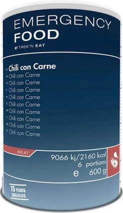 Trek'n Eat Emergency Food - Chili Con Carne En Conserve - 6 Portions - DLUO 15 Ans - Kit D'urgence - Ration D'urgence - Repas Lyophilisé - Ration - Repas Extérieur - Nourriture De Survie - Kit De Survie