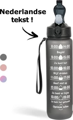 Lacardia Motivation Water Bottle Gris 'Dutch Text' - Gourde Avec Paille - Gourde 1 Litre - Gourde Avec Marquage De L'heure