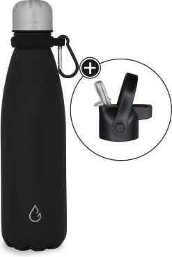 Bouteille D'eau Design En Acier Inoxydable Noir 500 Ml - Avec Support Supplémentaire - Watamula | Bouteille à Boire | Thermos Durable | Bouteille D'eau | Réutilisable | à Double Paroi | Isolé | Sans BPA | Sport | Bouteille à Boire