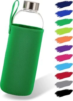 Bouteille En Verres 1 L Avec Couvercle En Néoprène, Gourde En Verre De 500 Ml Et 1000 Ml, Avec Housse De Protection Et Couvercle En Acier Inoxydable, Gourde Pour Le Sport, Le Bureau, L'école Et Outdoor, Vert