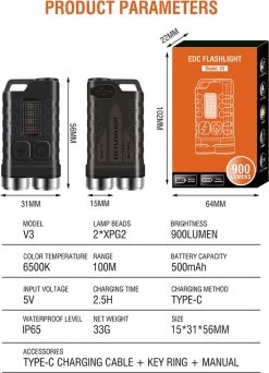 Mini Lampe De Poche Porte-clés 900 Lumens Lampe De Poche Type-C Torche LED Rechargeable 12 Modes D'éclairage Mini Torche Multifonction Pour Camping D'aventure -Magasin D'Équipement De Plein Air 867x1200 1