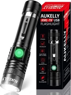 Aukelly Lampe De Poche LED Lampe De Poche Puissante Lampe De Poche Rechargeable Lampe De Poche Puissante 1000 Lumens, 4 Modes, Zoomable, Lampe De Poche LED Rechargeable Par USB, Batterie 18650 Intégrée [Classe énergétique A+++]