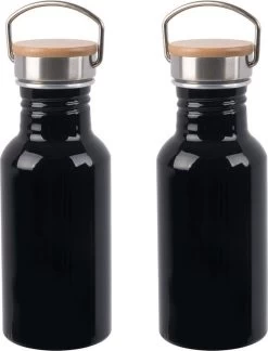 Bouteille D'eau / Gourde En Aluminium 2x Pièces Noir Avec Bouchon à Vis En Bambou 550 Ml - Gourde De Sport - Bidon