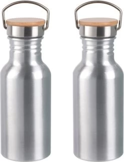 Bouteille D'eau / Gourde En Aluminium 4x Pièces Argent Avec Bouchon à Vis En Bambou 550 Ml - Gourde De Sport - Bidon
