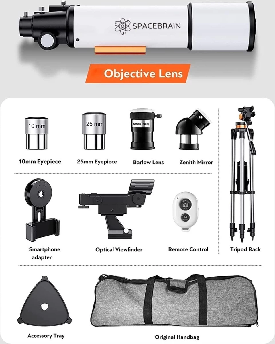 Télescope SPACEBRAIN® Pour Adultes, Ouverture De 80 Mm Et Distance Focale De 500 Mm, Télescope Réfracteur D'astronomie Professionnel Pour Enfants Et Débutants, Avec Monture AZ, 3 Oculaires Et Adaptateur Pour Smartphone. 8 Télescope SPACEBRAIN® Pour Adultes, Ouverture De 80 Mm Et Distance Focale De 500 Mm, Télescope Réfracteur D'astronomie Professionnel Pour Enfants Et Débutants, Avec Monture AZ, 3 Oculaires Et Adaptateur Pour Smartphone. – Image 6